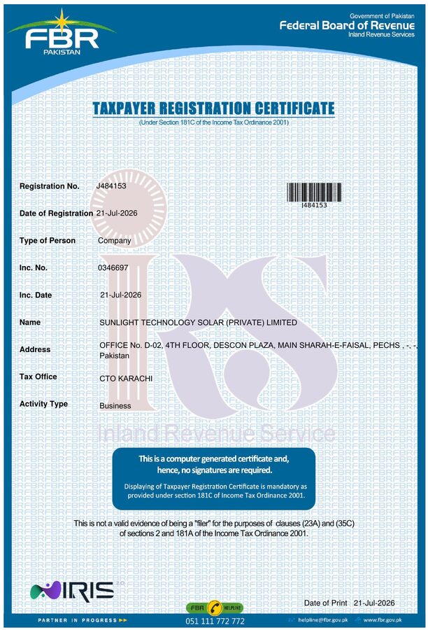 FBR Taxpayer Registration Certificate - Sunlight Technology Solar