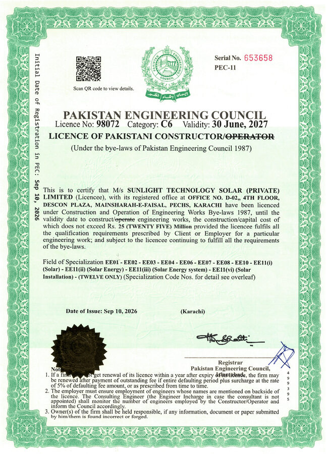 Pakistan Engineering Council (PEC) Licence No. 98072 - Sunlight Technology Solar