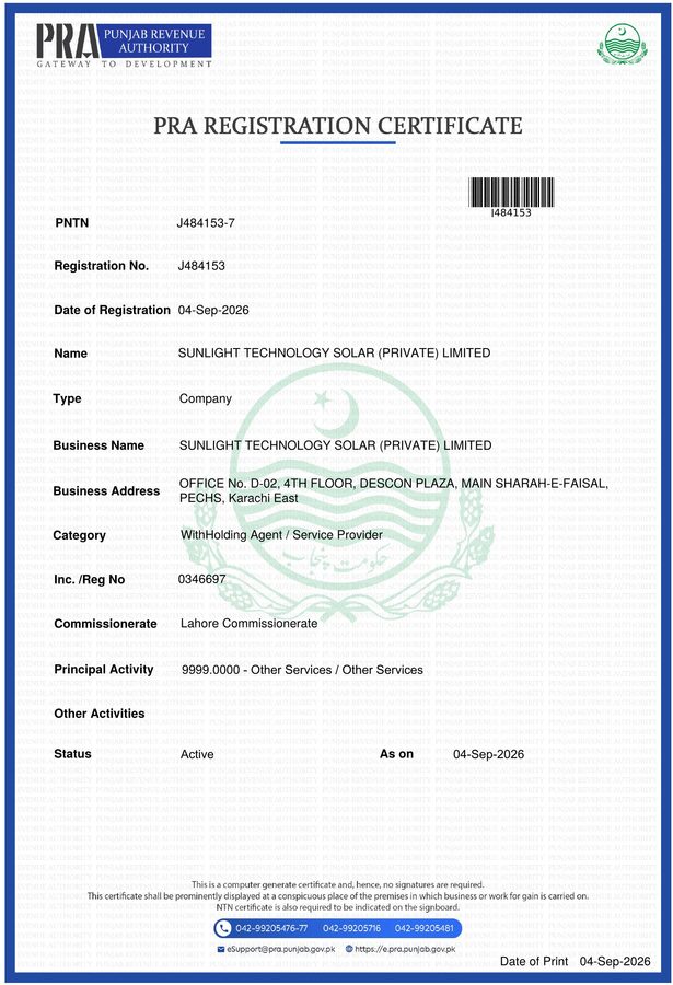 PRA Registration Certificate - Sunlight Technology Solar
