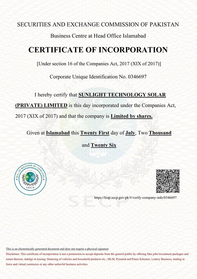 SECP Certificate of Incorporation - Sunlight Technology Solar (Private) Limited