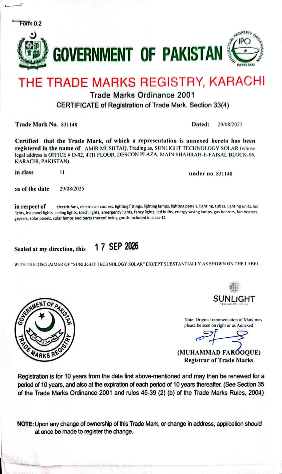 Trade Mark Registration Certificate No. 831148 - Sunlight Technology Solar
