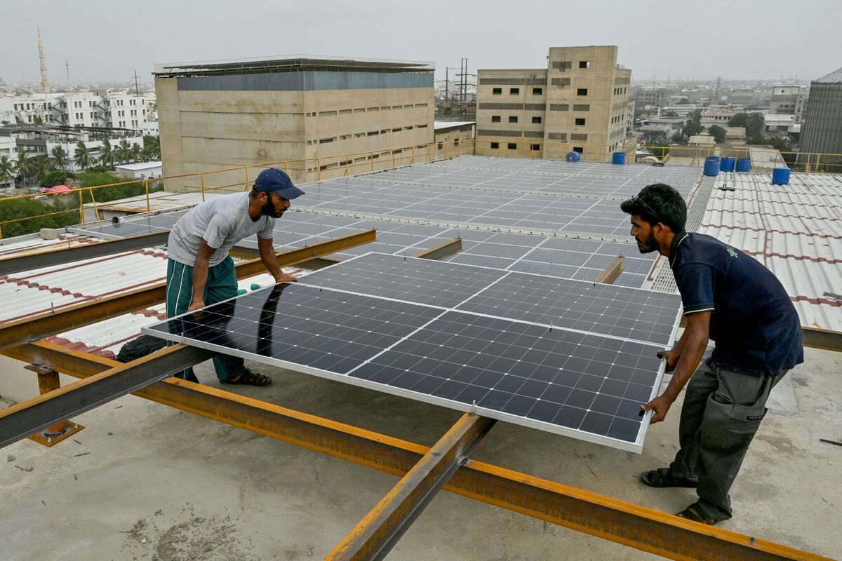 Solar panel installation on commercial rooftop