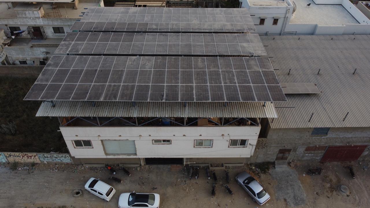 Aerial view of rooftop solar panel installation