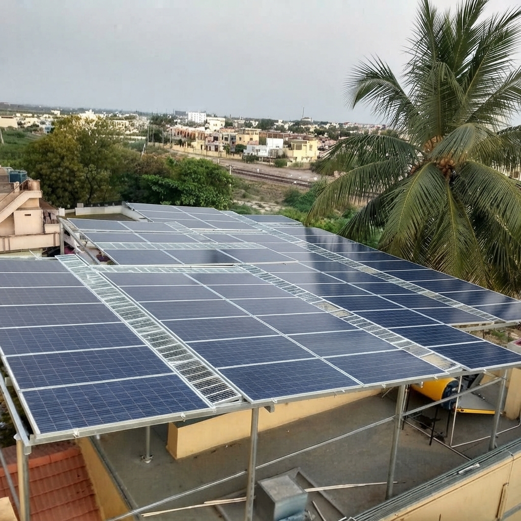 Solar panels on commercial building rooftop