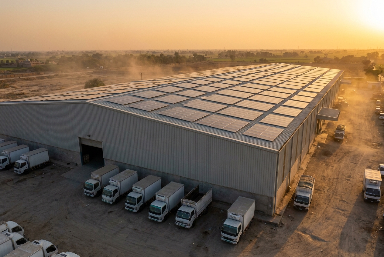 Pakistani school building with full solar rooftop installation