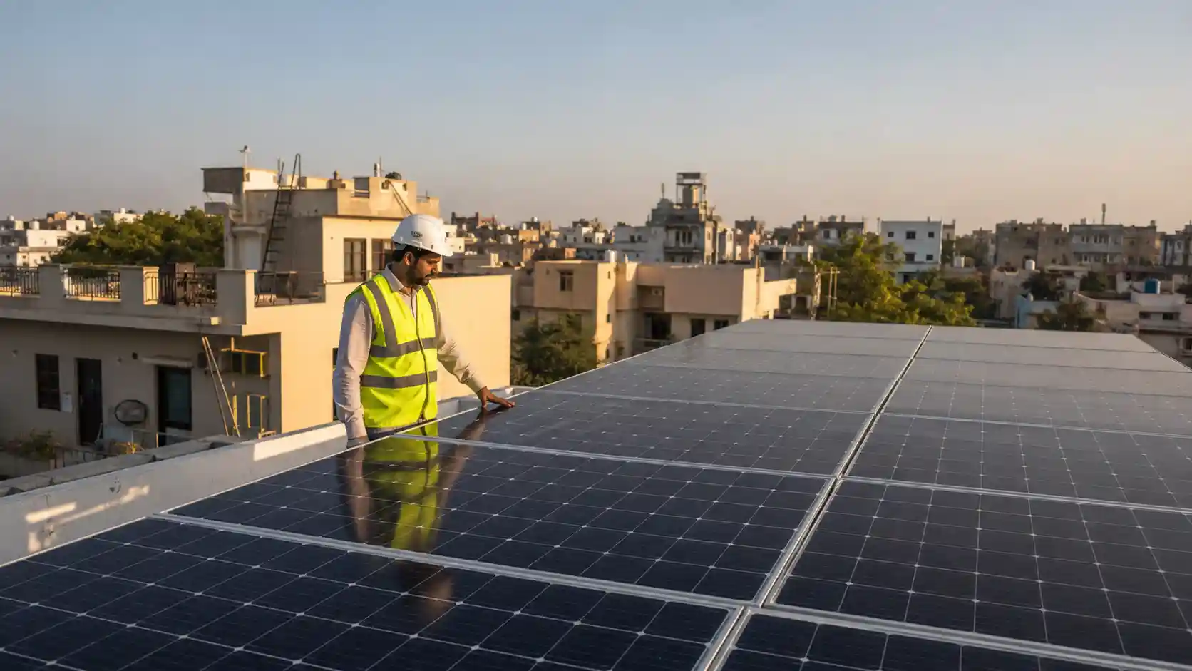 Sunlight Technology Solar engineer inspecting rooftop solar panel installation