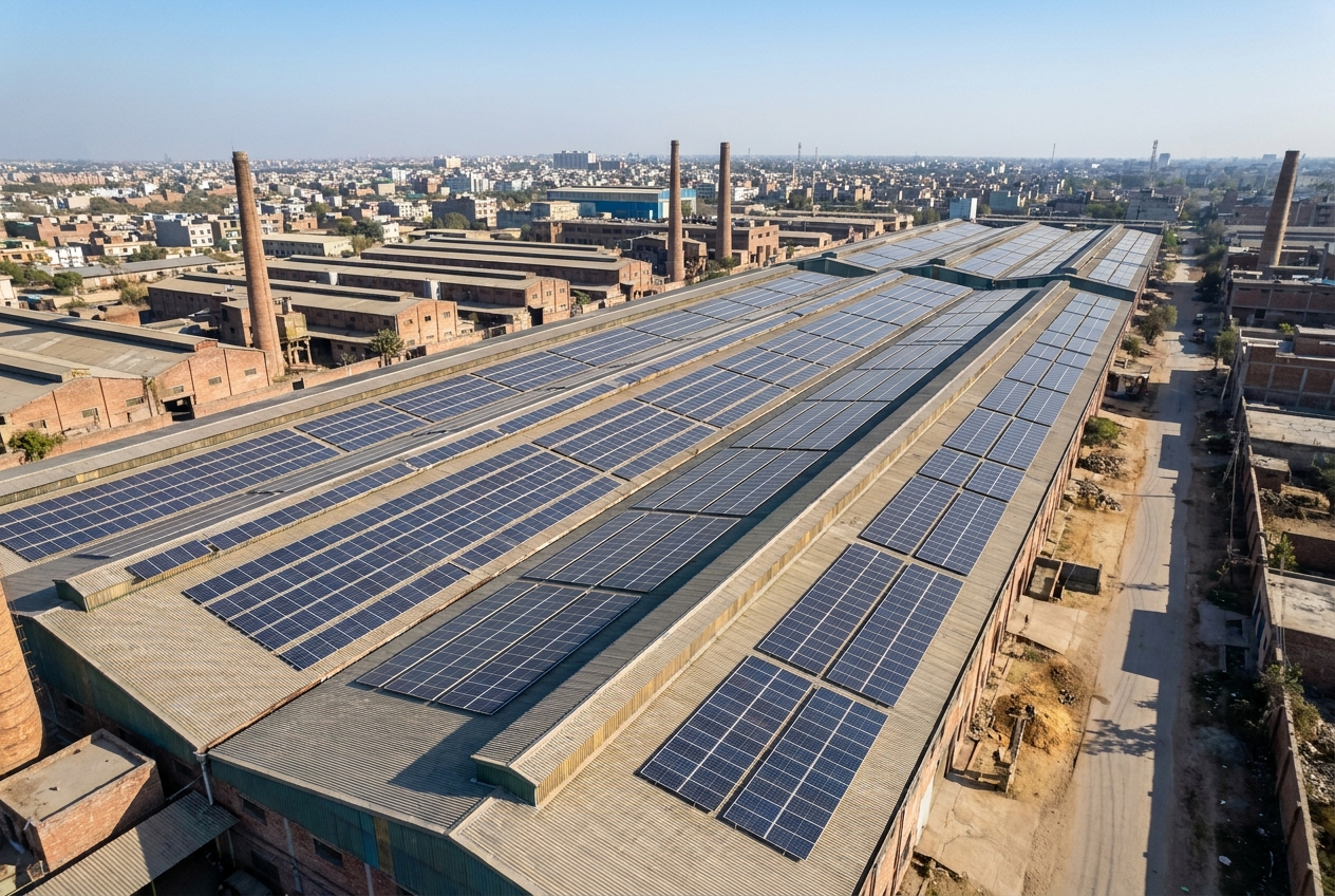 Drone view of a large-scale industrial solar power installation on a factory rooftop